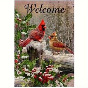 NIP 1pc, 12”x18” Male & Female Cardinals on Fence, Burlap, Double Sided Printed